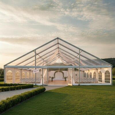 購入 商業用 クリア スパン アルミニウムフレーム パーティテント NFPA 701 耐火性 PVC アメリカン 結婚式イベント会場 オンライン製造